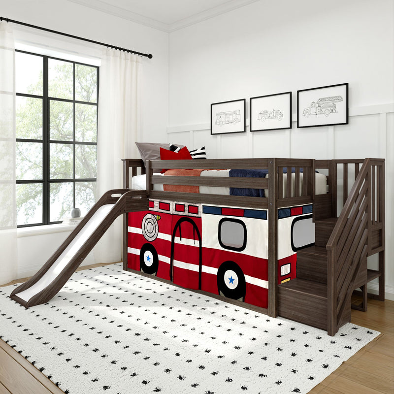 Children's fire truck-themed loft bed with slide and stairs in bright bedroom.