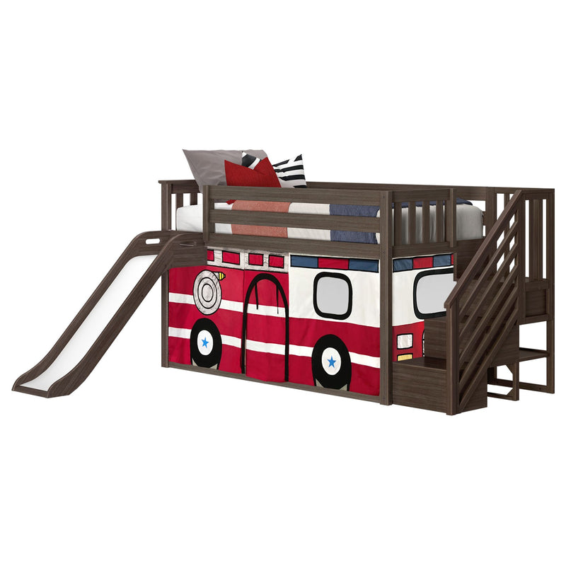 Children's firefighter-themed loft bed with slide and wooden frame.