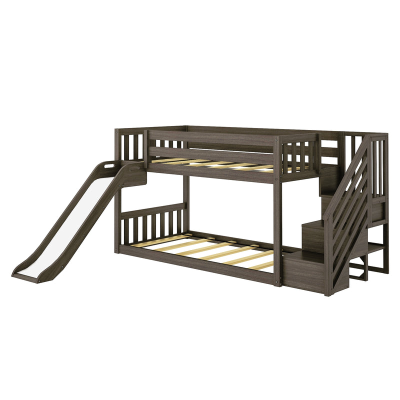 Wooden bunk bed with slide and stairs, ideal for kids' bedroom furniture.
