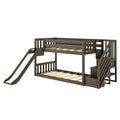 Gray wooden twin-over-twin kids bunk bed with slide and built-in storage stairs, space-saving loft design