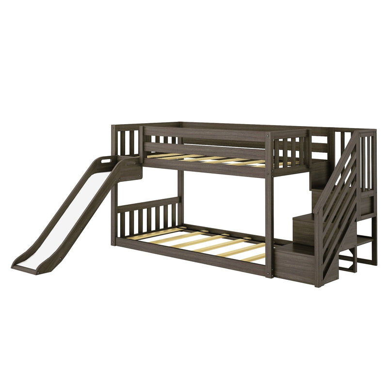 Gray wooden twin-over-twin kids bunk bed with slide and built-in storage stairs, space-saving loft design