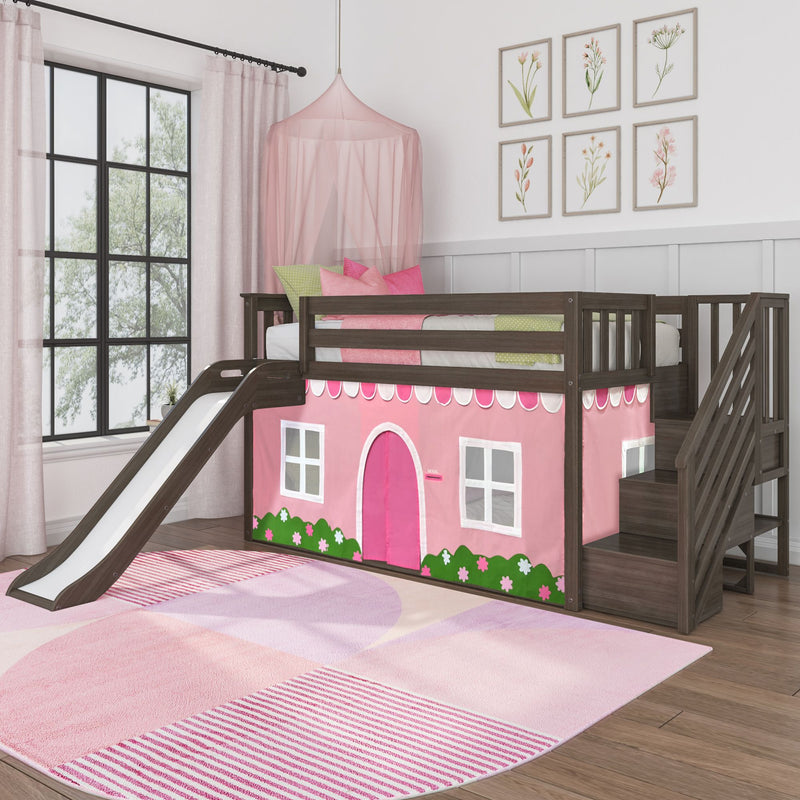 Wooden loft bed with a pink playhouse theme, slide, and staircase in a children's bedroom.