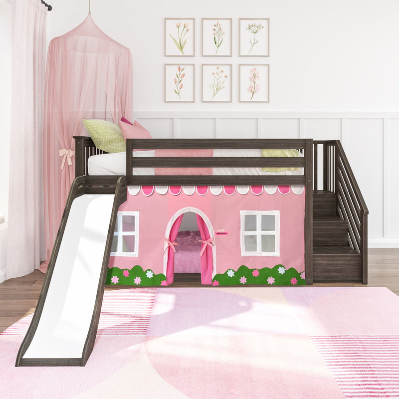 Dark wood children's loft bed with white slide, pink playhouse tent and canopy, stairs and floral wall art in a girl's bedroom