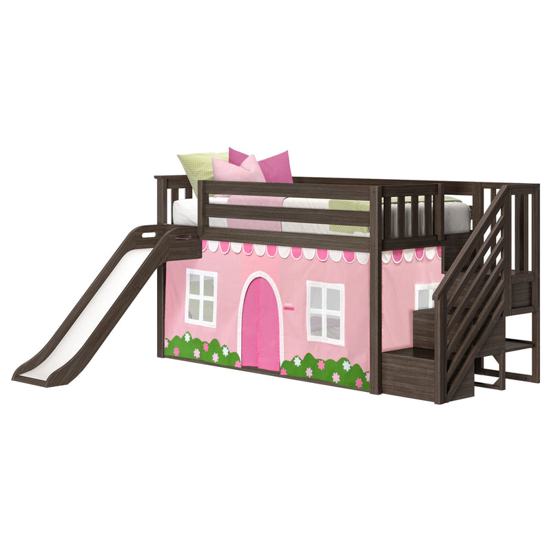 Children's loft bed with slide and pink playhouse design, featuring a wooden frame and colorful pillows.