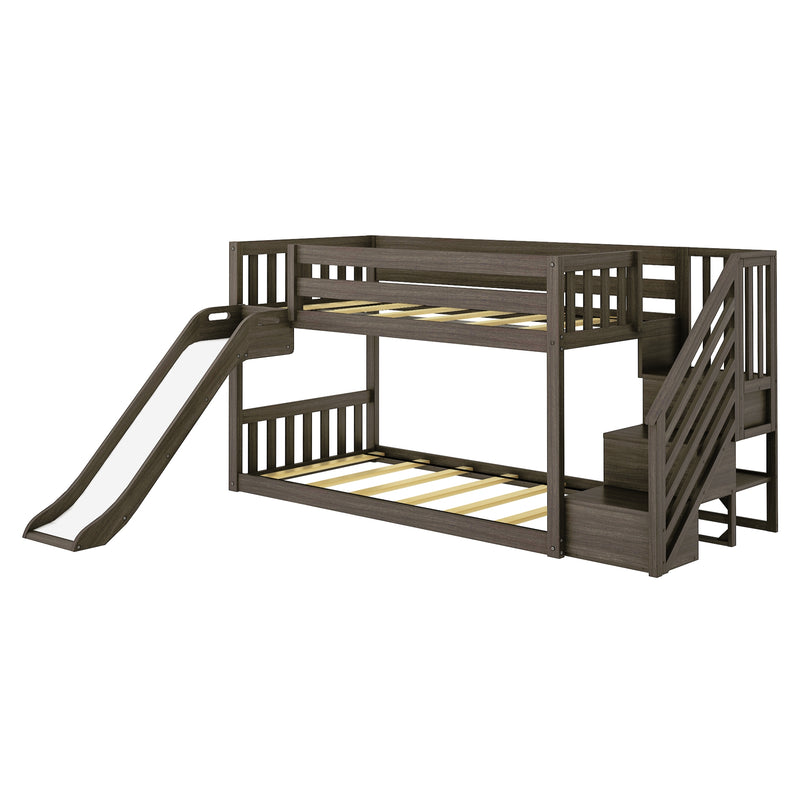 Wooden bunk bed with slide and stairs in dark finish, perfect for children's room.