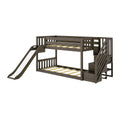 Modern gray-brown wooden kids bunk bed with built-in slide and staircase storage, children's loft bed with safety rails