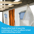 Close-up of bed canopy curtain on wooden frame showing hook-and-loop (Velcro) adhesive strip, blue and orange fabric pockets, and installation instruction to allow the hook-and-loop strip a minimum of 1 hour to adhere before attaching the curtain