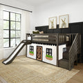 Gray wooden kids loft bed with slide and stairs, playhouse-style curtain panels with window boxes, plaid bedding and bunny wall art in modern children's bedroom