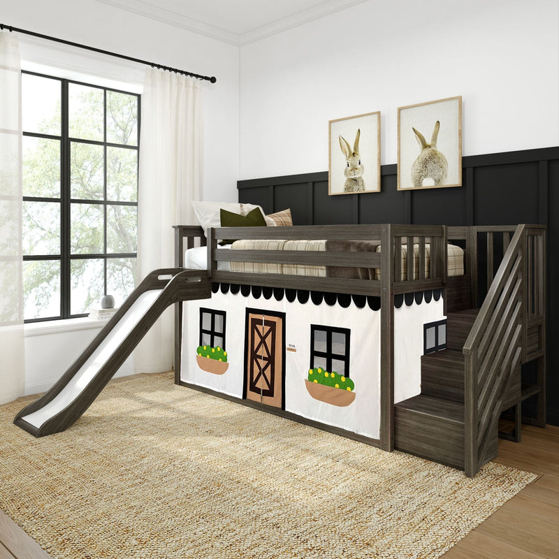 Gray wooden kids loft bed with slide and stairs, playhouse-style curtain panels with window boxes, plaid bedding and bunny wall art in modern children's bedroom