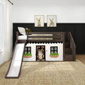 Twin Over Twin Low Bunk Bed with Stairs, Slide, & Black & White Farmhouse Curtain
