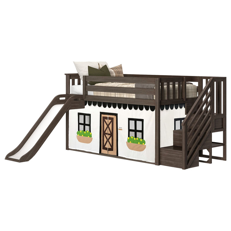 Kids' loft bed with slide and stairs, featuring a playhouse design with graphic windows and door.
