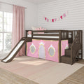 Girls loft bed with slide and stairs, dark wood frame with pink princess play tent and crown pillow in child's bedroom