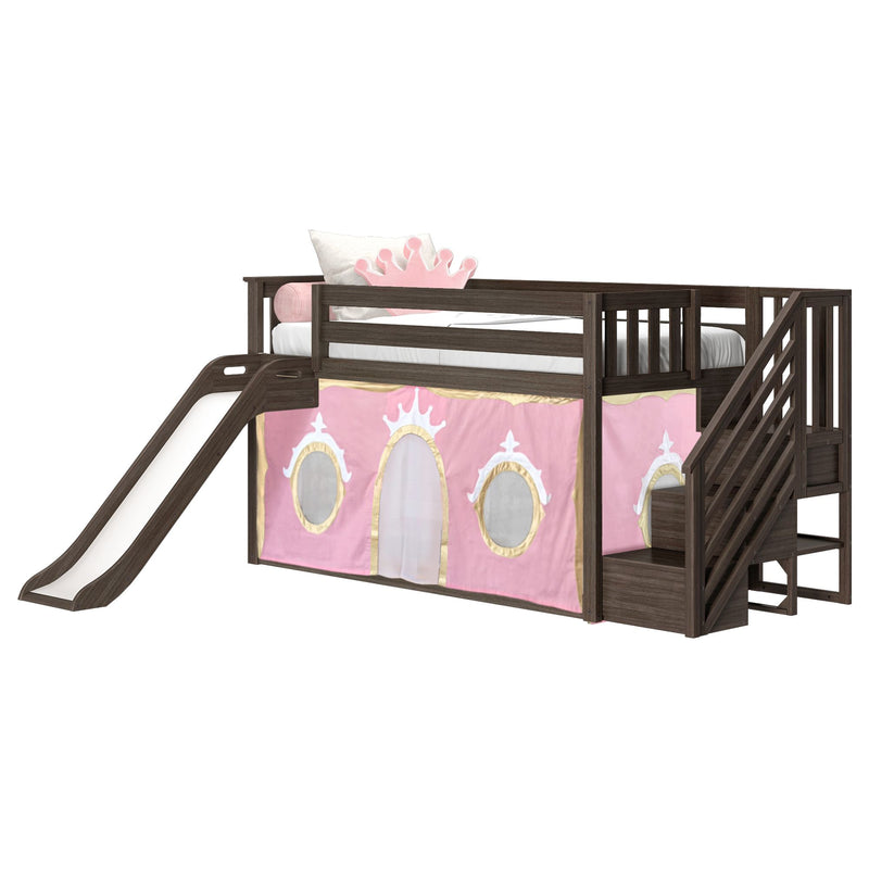 Kids' loft bed with slide and pink princess-themed tent, perfect for a playful children's bedroom.