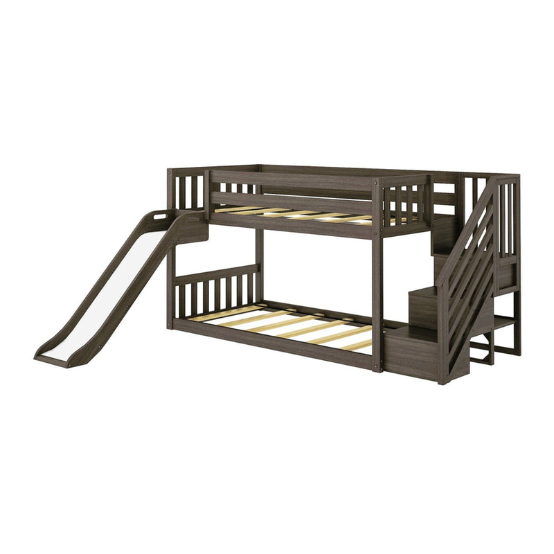 Stylish kids' bunk bed with slide and staircase storage in dark wood finish.