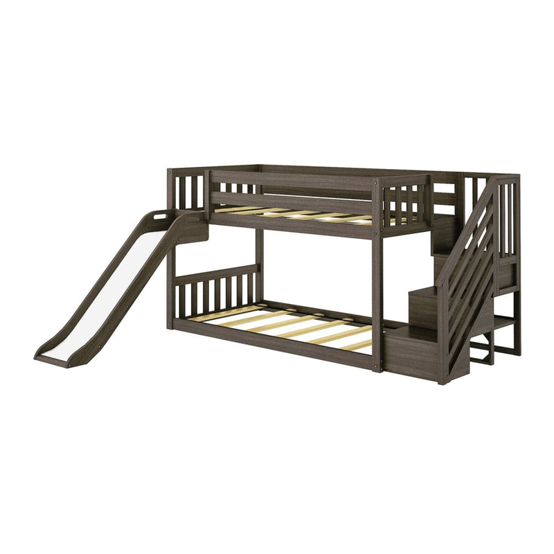 Wooden twin-over-twin kids bunk bed with slide and storage stairs, dark espresso finish, space-saving modern children's loft bed