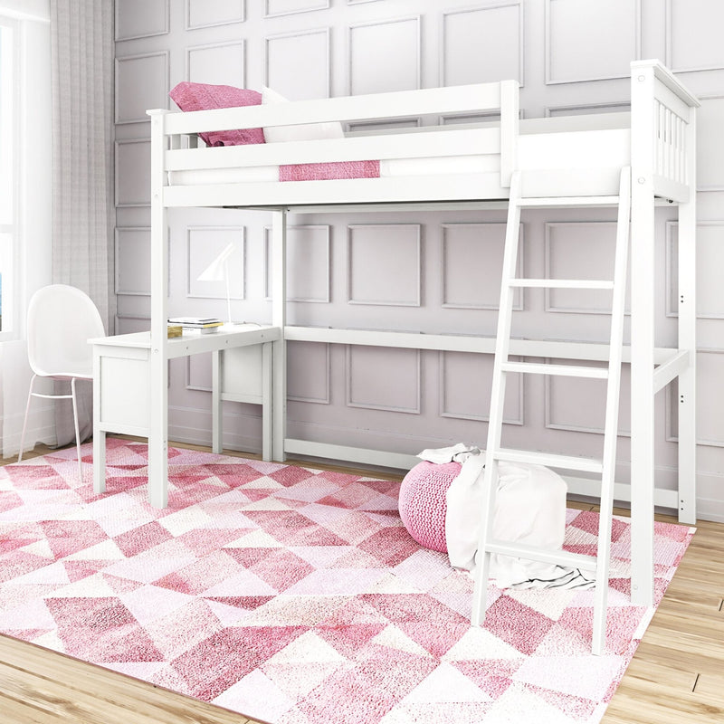 White loft bed with ladder over desk, pink geometric rug in children's bedroom.