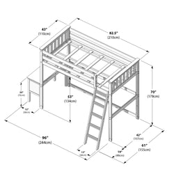 Detailed diagram of a wooden loft bed with ladder, including dimensions in both inches and centimeters for optimal room planning.