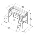 Wooden loft bed dimensions diagram with ladder, guardrails and under-desk storage area, measurements in inches and cm