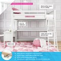White loft bed with built-in desk and ladder, pink rug and pouf, paneled wall background — space-saving children's bedroom furniture