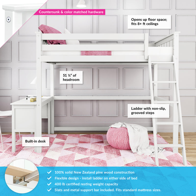 White loft bed with built-in desk and ladder, pink rug and pouf, paneled wall background — space-saving children's bedroom furniture