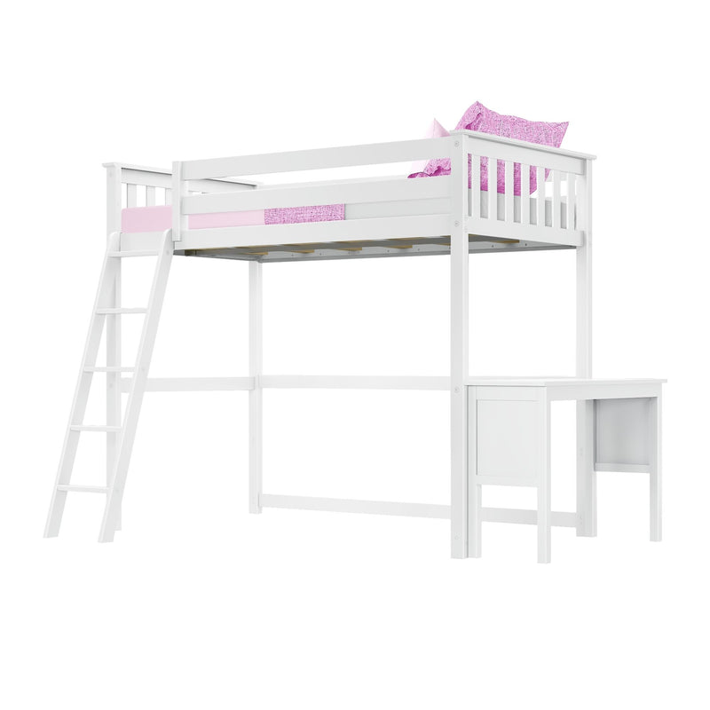 White loft bed with integrated desk and pink bedding.