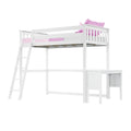 White loft bed with ladder and built-in desk, modern twin wooden loft bed with guard rails and pink bedding for kids' bedroom