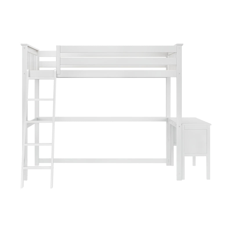 White wooden loft bed with attached desk and ladder for small spaces.