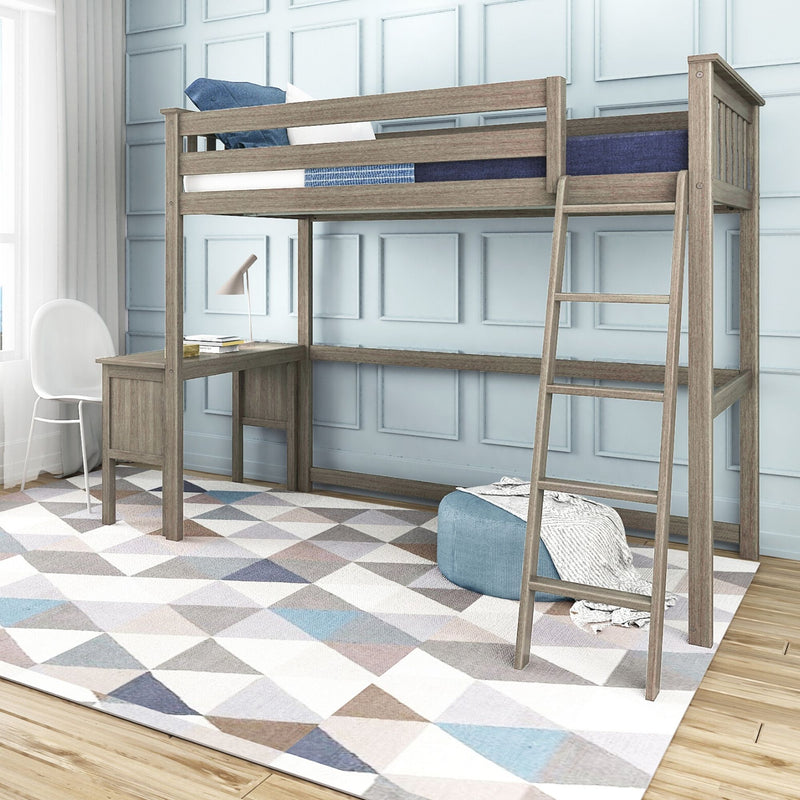 Loft bed with built-in desk and ladder in a light-blue paneled kids' bedroom, rustic wood finish, navy bedding, study lamp and pastel geometric area rug