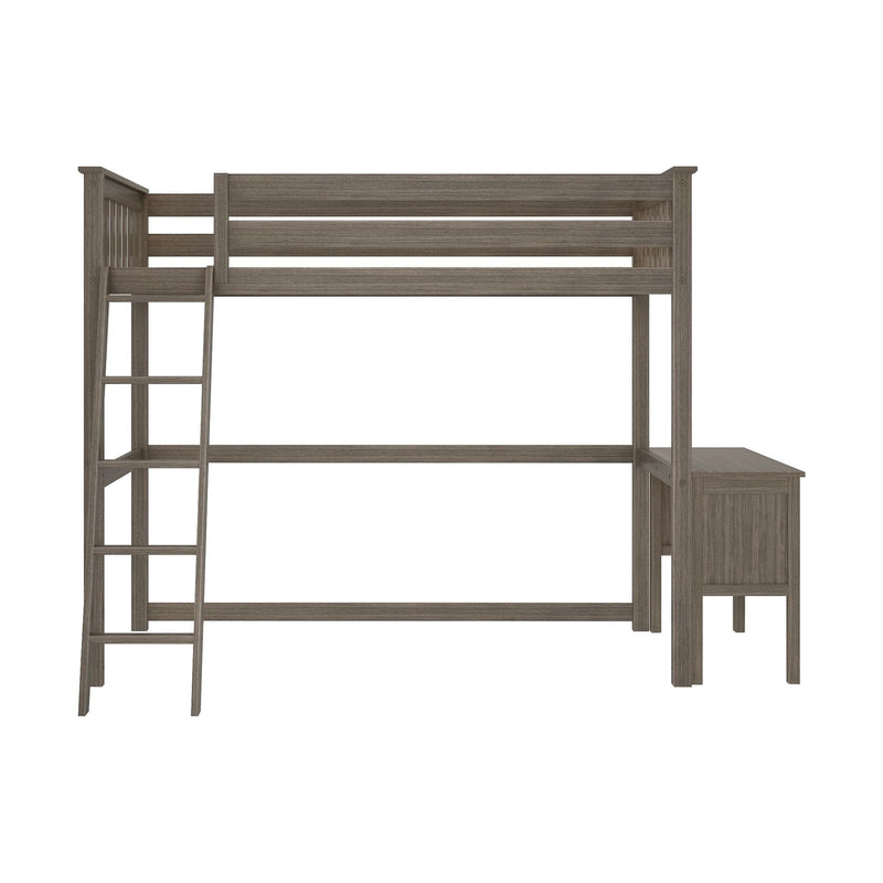 Wooden loft bed with built-in desk and ladder for space-saving bedroom setup.
