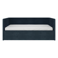 Navy blue upholstered bed with high wraparound headboard and white mattress — modern platform bedroom furniture