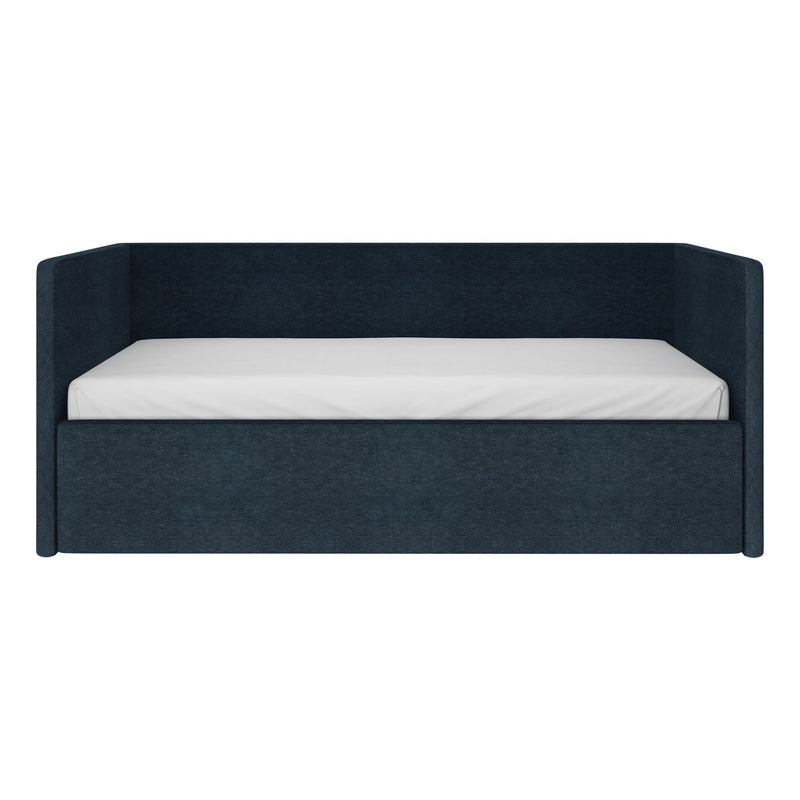 Navy blue upholstered bed with high wraparound headboard and white mattress — modern platform bedroom furniture