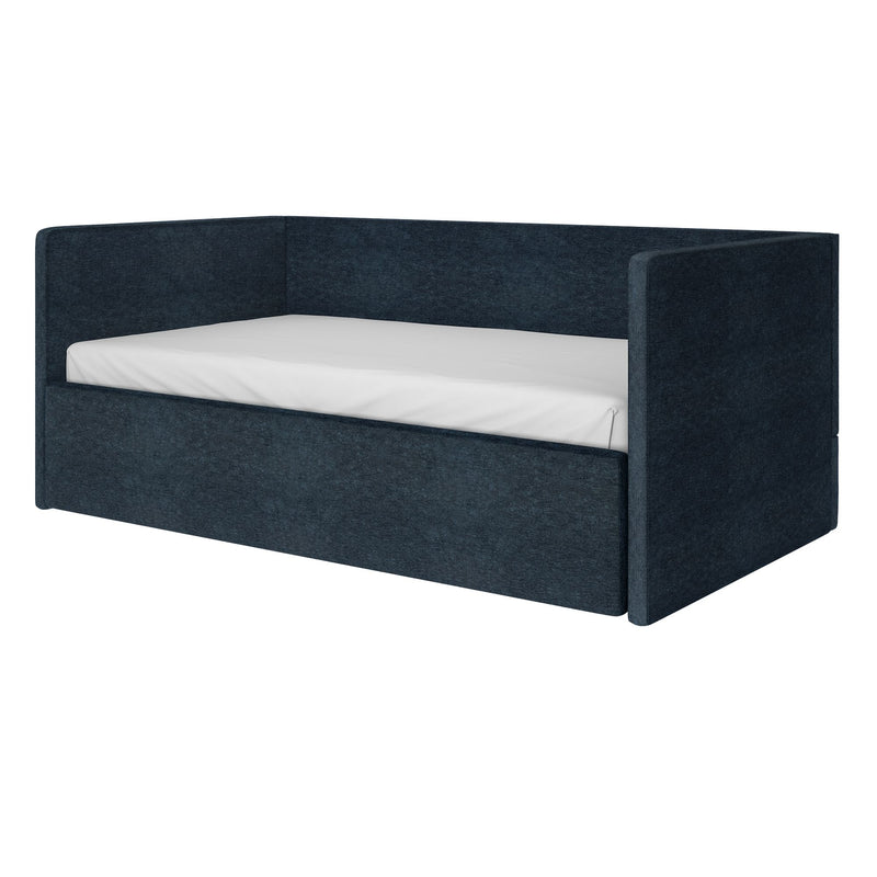Modern navy blue upholstered daybed sofa bed with high back and side rails and white twin mattress on white background