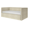 Beige fabric-upholstered daybed with wraparound panel headboard and low footboard, white fitted mattress — modern minimalist bedroom furniture
