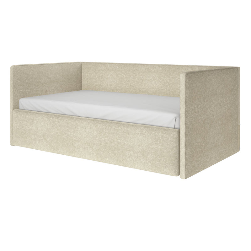 Beige fabric-upholstered daybed with wraparound panel headboard and low footboard, white fitted mattress — modern minimalist bedroom furniture