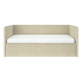 Beige upholstered daybed with wraparound headboard and side panels, white mattress, modern linen-look fabric isolated on white background