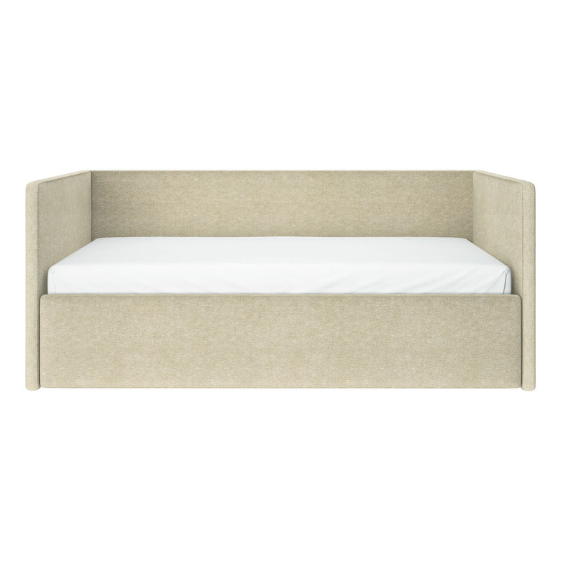 Beige upholstered daybed with wraparound headboard and side panels, white mattress, modern linen-look fabric isolated on white background