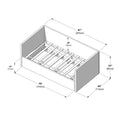 Isometric assembly diagram of a platform bed frame with slatted base and upholstered headboard, labeled dimensions in inches and cm (76″/193cm length, 81″/205cm depth, 45″/113cm width, 33″/83cm height, 20″/50cm clearance, 14″/37cm footboard)