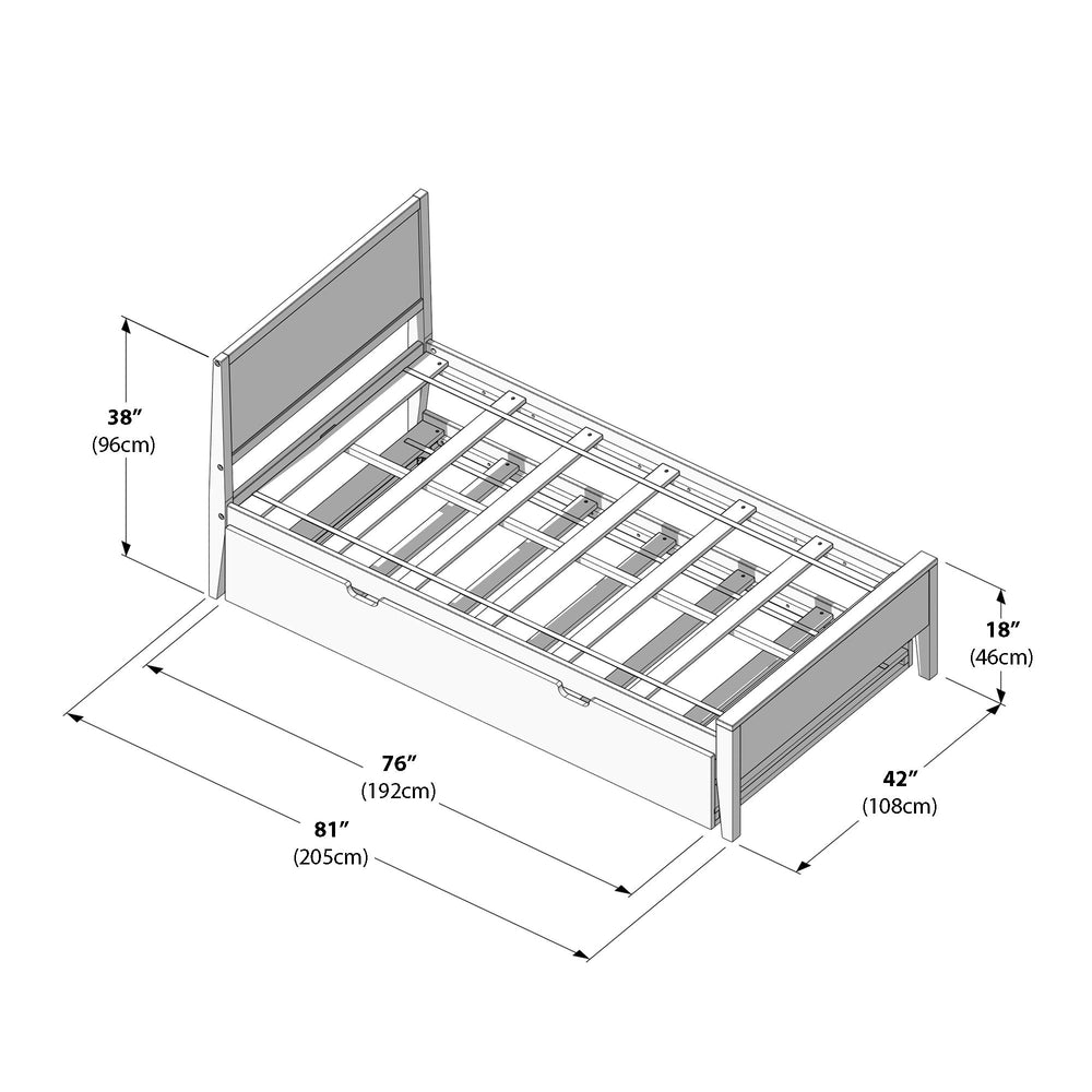 Diagram of twin daybed with detailed measurements, including dimensions in inches and centimeters.