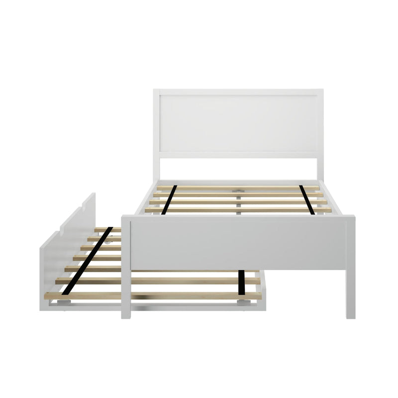 White wooden twin bed frame with pull-out trundle for extra sleeping space.