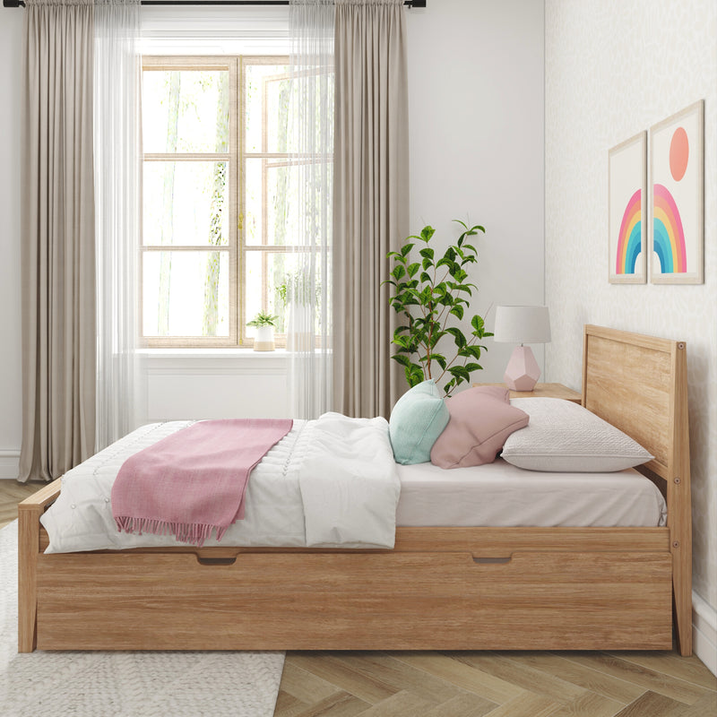 Bright modern bedroom with wooden bed and under-bed storage, white bedding, pink throw, pastel pillows, sheer curtains, rainbow wall art