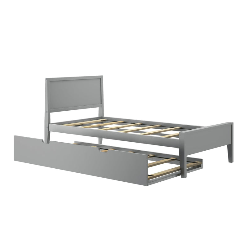 Gray wooden twin bed frame with storage drawer, modern bedroom furniture design.