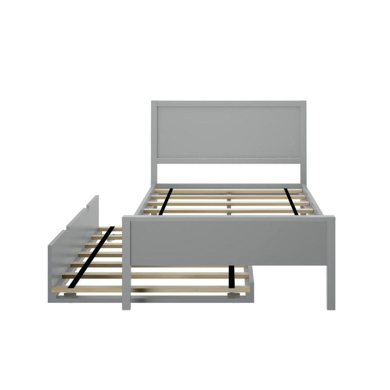 Gray wooden bed frame with trundle drawer, minimalist design, bedroom furniture.