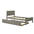 Gray wood twin platform bed frame with slatted mattress support and pull-out trundle storage drawer, modern minimalist bedroom furniture