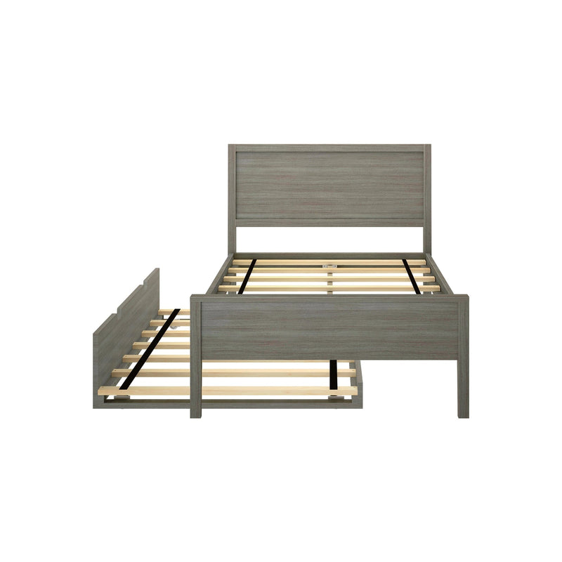 Gray wood twin platform bed frame with headboard and pull-out trundle, slatted wooden base for mattress support