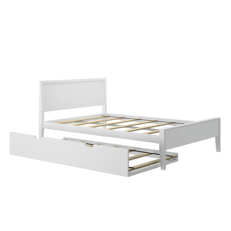 White wooden platform bed frame with headboard, slatted mattress support and pull-out trundle storage drawer, modern minimalist design