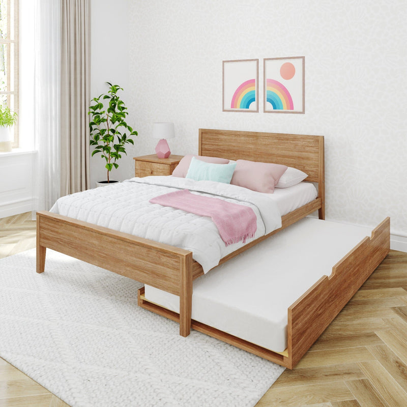 Modern wooden bed with pull-out trundle and pastel decor in airy bedroom.