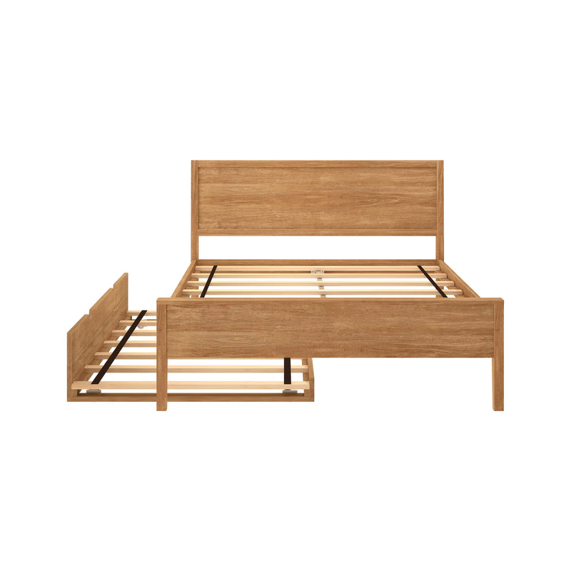 Natural oak wooden platform bed frame with slatted base, rectangular headboard and footboard in a minimalist modern bedroom furniture style