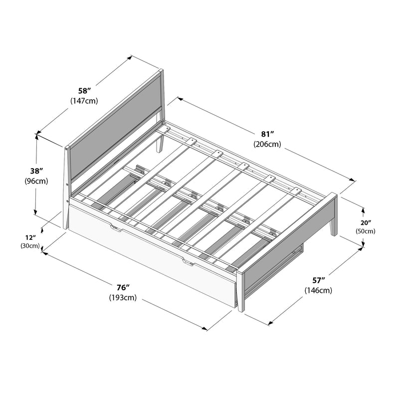 Isometric technical drawing of a wooden platform bed frame with headboard, slatted mattress support and under-bed drawer, annotated with measurements in inches and centimeters (example dimensions shown: 76" / 193cm length, 57" / 146cm width, 38" / 96cm headboard height)