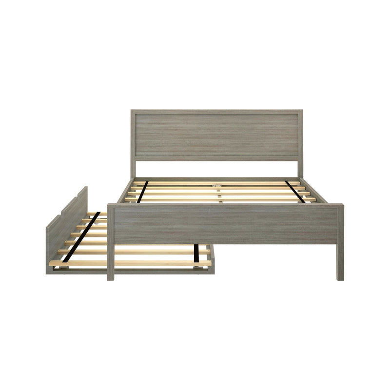 Wooden bed frame with drawer storage feature in modern design.