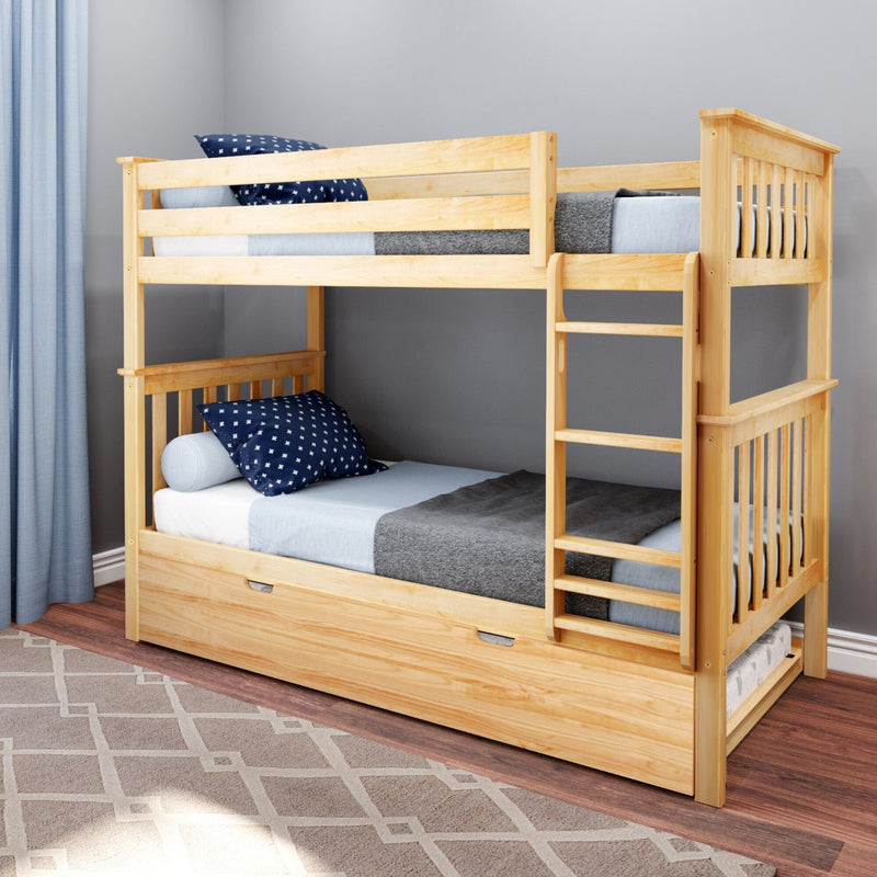 Wooden bunk bed with ladder in a modern bedroom setting, featuring blue and gray bedding.